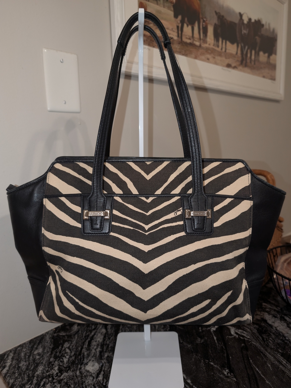 Coach Taylor Zebra Print Carryall Tote Black Cream Canvas Leather F27009